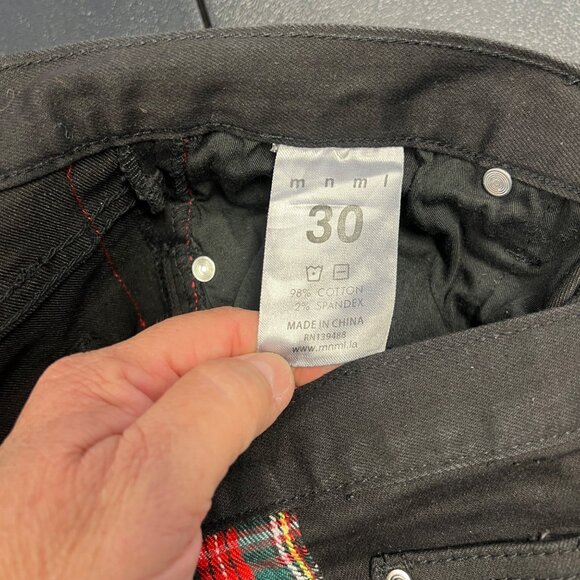 MNML Jeans Men’s Black Plaid Trim Leg Zips Button Fly Size 30 Academia Preppy - Picture 4 of 11